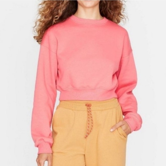 Wild Fable Coral Pink Cropped Drop Shoulder Fleece Pullover Sweatshirt NWOT - Picture 2 of 16